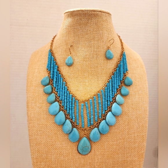 Treska Jewelry - Treska Turquoise Beaded Statement Necklace and Matching Earrings